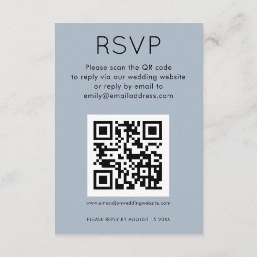 Einfaches QR Code Dusty Blue Wedding RSVP Begleitkarte (Vorderseite)