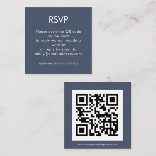 Einfaches QR Code Dusty Navy Blue Wedding RSVP Begleitkarte (Vorne/Hinten)