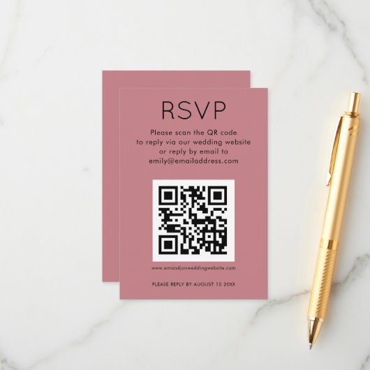 Einfaches QR-Code Dusty Rose Pink Wedding RSVP Begleitkarte (Vorderseite/Rückseite Beispiel)