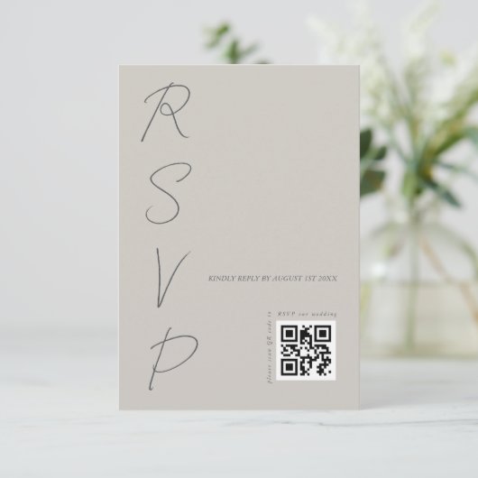 Einfaches QR-Code für Warm-Grau-Hochzeit RSVP Karte (Stehend Vorderseite)