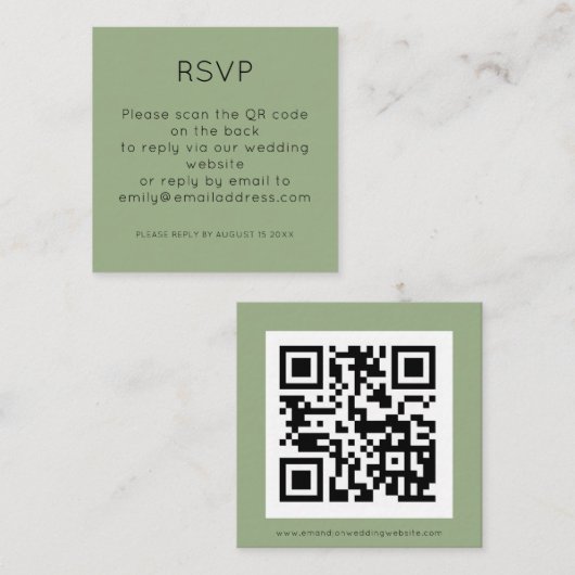 Einfaches QR Code Sage Green Wedding RSVP Begleitkarte (Vorne/Hinten)