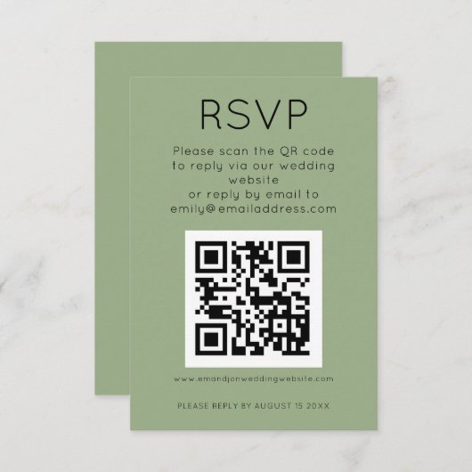 Einfaches QR Code Sage Green Wedding RSVP Begleitkarte (Vorne/Hinten)
