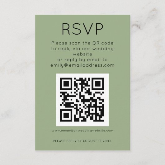 Einfaches QR Code Sage Green Wedding RSVP Begleitkarte (Vorderseite)