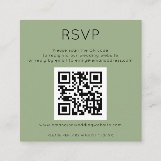 Einfaches QR-Code-Sage Green Wedding RSVP Enclosur Begleitkarte (Vorderseite)