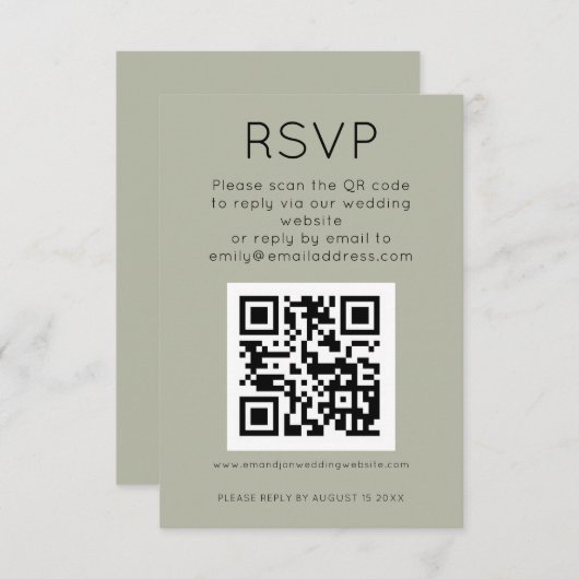 Einfaches QR Code Soft Sage Wedding RSVP Begleitkarte (Vorne/Hinten)