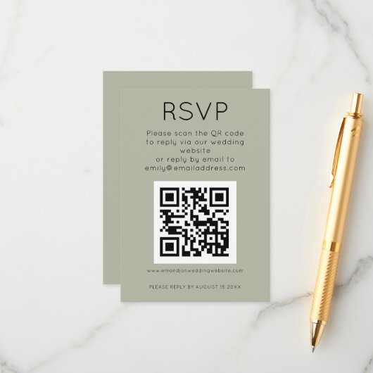 Einfaches QR Code Soft Sage Wedding RSVP Begleitkarte (Vorderseite/Rückseite Beispiel)
