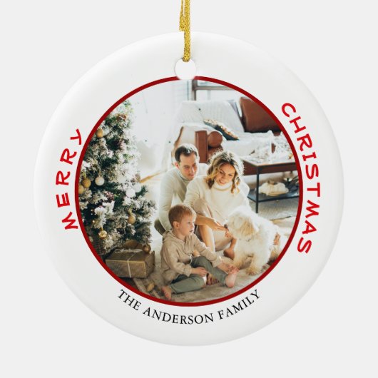 Einfaches Red MerChristmas Family Foto Keramik Ornament (Hinten)
