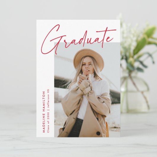 Einfaches Red Script 5 Foto Collage Abschluss Ankündigung (Stehend Vorderseite)