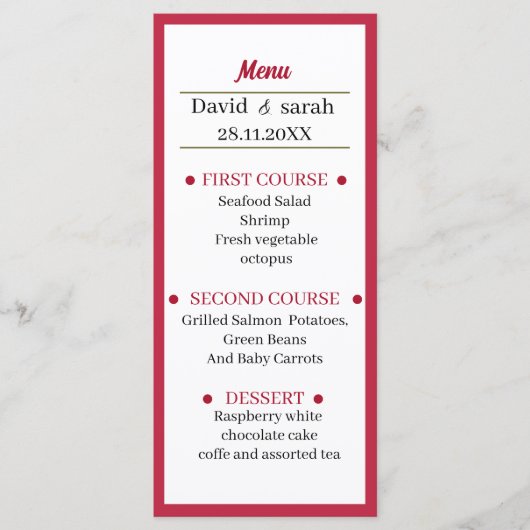 Einfaches Red Wedding Dinner Menükarte (Vorderseite)