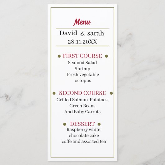 Einfaches Red Wedding Dinner Menükarte (Vorderseite)