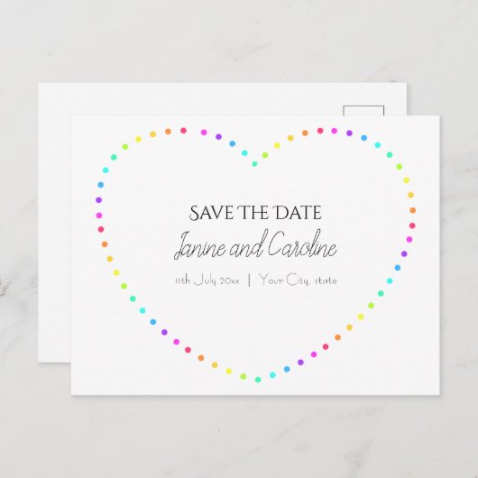 Einfaches Regenbogenherz Save the Date Postkarte (Vorne/Hinten)