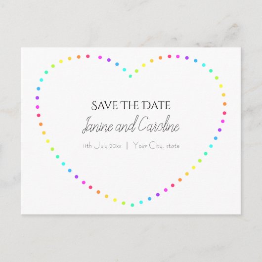 Einfaches Regenbogenherz Save the Date Postkarte (Vorderseite)