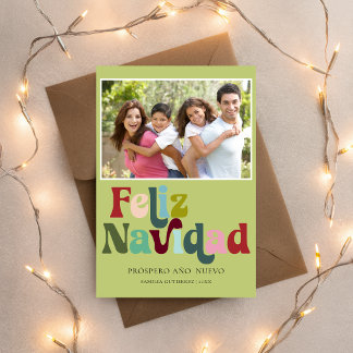Einfaches Retro-Feliz-Navidad-Foto Grün Feiertagskarte