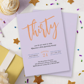 Einfaches Retro Lilac und Orange 30. Geburtstag Pa Einladung