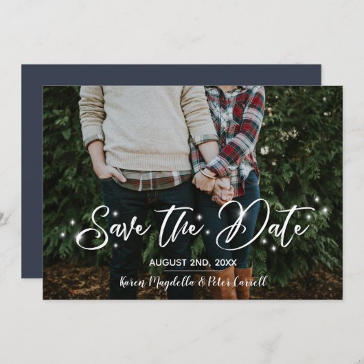 Einfaches Romantisches Script Starry Foto Save the Save The Date (Vorne/Hinten)
