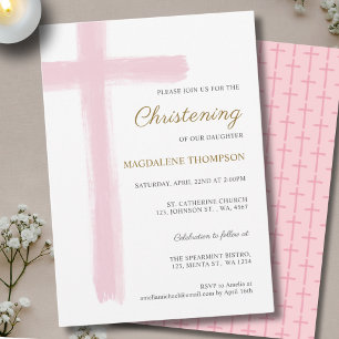 Einfaches rosa Kreuz Mädchen Taufkleid Taufe Einladung