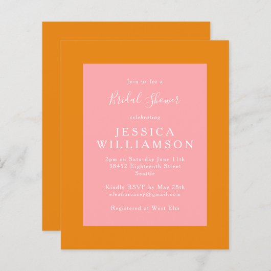 Einfaches Rosa Orange Brautparty laden ein (Vorne/Hinten)