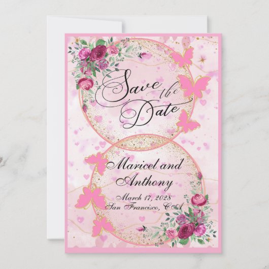 Einfaches Rosa-Schmetterlinge-Thema Save-the-Date Save The Date (Vorderseite)