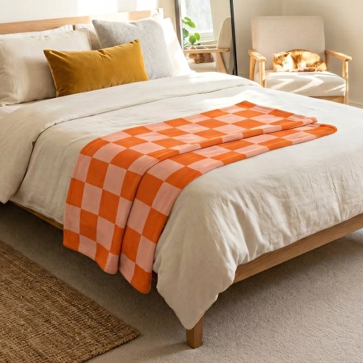Einfaches Rosa und Orange Chic Schachbrettmuster Fleecedecke