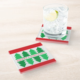 Einfaches rotes Weihnachtsdesign mit grünem Baum Glasuntersetzer