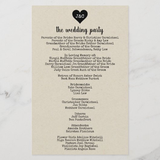 Einfaches rustikales Hochzeitsprogramm (Rückseite)