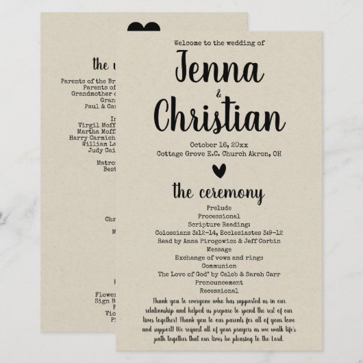 Einfaches rustikales Hochzeitsprogramm (Vorne/Hinten)