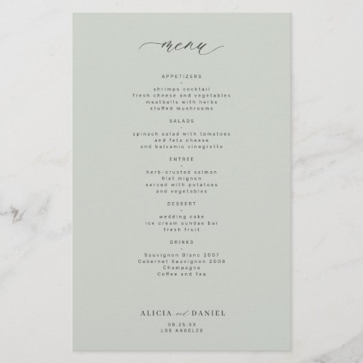Einfaches Salbei-grünes Hochzeitsmenü Flyer (Vorne)