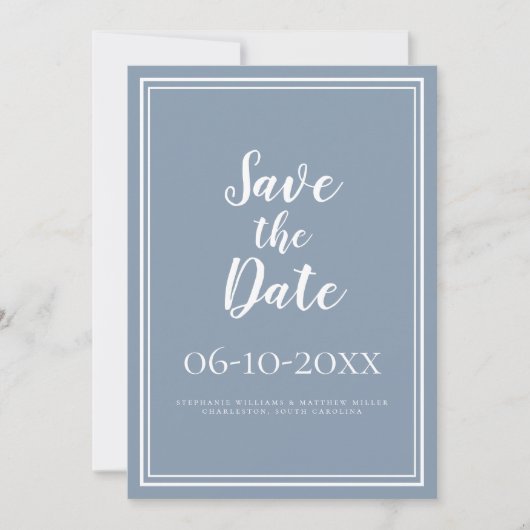 Einfaches Save the Date Hochzeitskript Dusty Blue (Vorderseite)