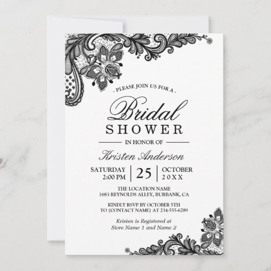 Einfaches, schicker Schwarz-weißer Spitzen-Brautpa Einladung (Vorderseite)