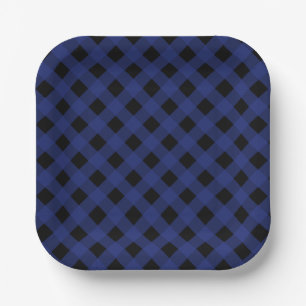 Einfaches Schwarz-Blau-Kariertes Muster Pappteller