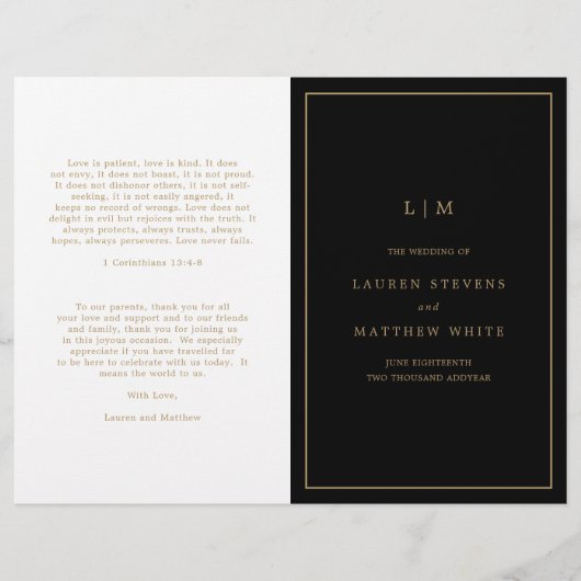 Einfaches Schwarz-Gold-Monogramm-Hochzeitsprogramm (Vorderseite)