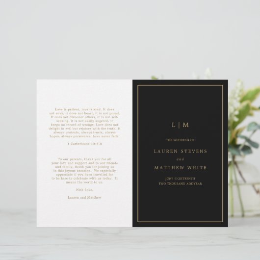 Einfaches Schwarz-Gold-Monogramm-Hochzeitsprogramm (Stehend Vorderseite)