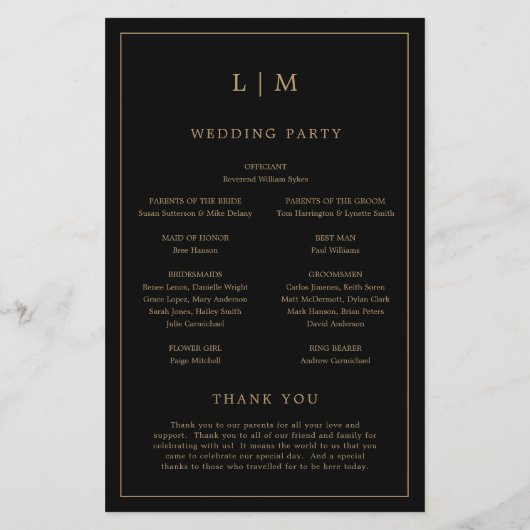 Einfaches Schwarz-Gold-Monogramm-Hochzeitsprogramm (Rückseite)