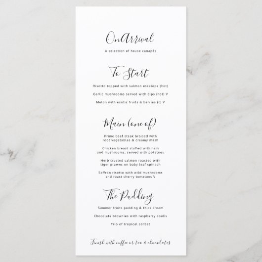 Einfaches Schwarz mit weißen Herz-Hochzeitsmenüs Menükarte (Rückseite)