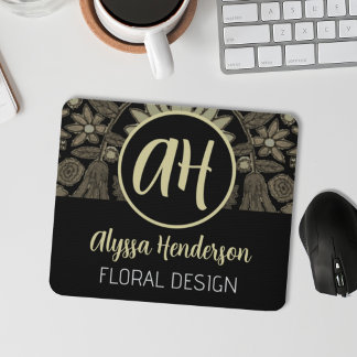 Einfaches Schwarz-Tan-Blumendesign Geschäft-Logo Mousepad