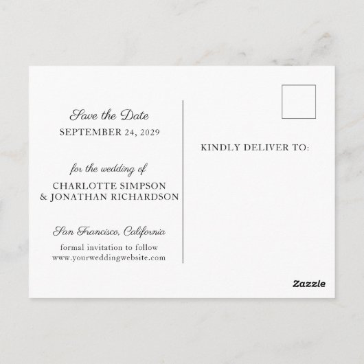 Einfaches Schwarz-Weiß-Foto Save the Date Postkarte (Rückseite)