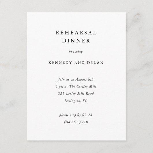 Einfaches Schwarz-Weiß-Hochzeitsessen Probe Begleitkarte (Vorderseite)