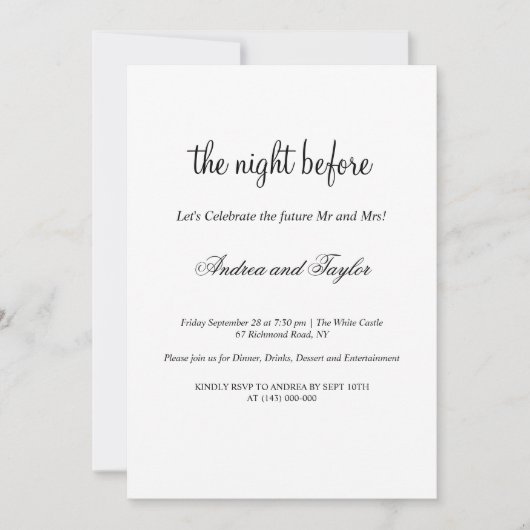 Einfaches Schwarz-Weiß-Hochzeitsessen Probe Einladung (Vorderseite)