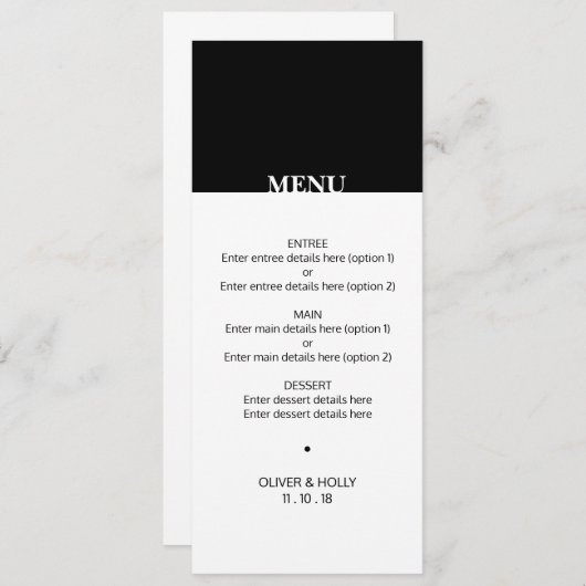 Einfaches Schwarz-Weiß-Hochzeitsmenü Menükarte (Vorne/Hinten)