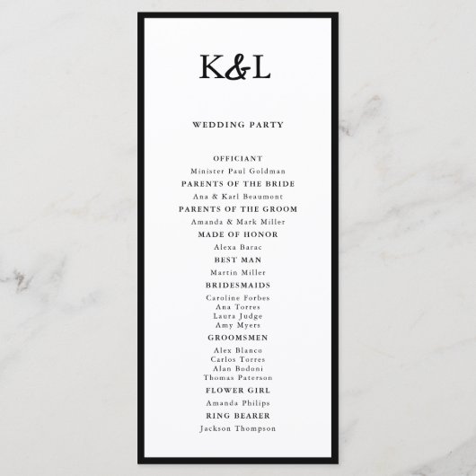 Einfaches Schwarz-Weiß-Hochzeitsprogramm für Monog Programm (Rückseite)