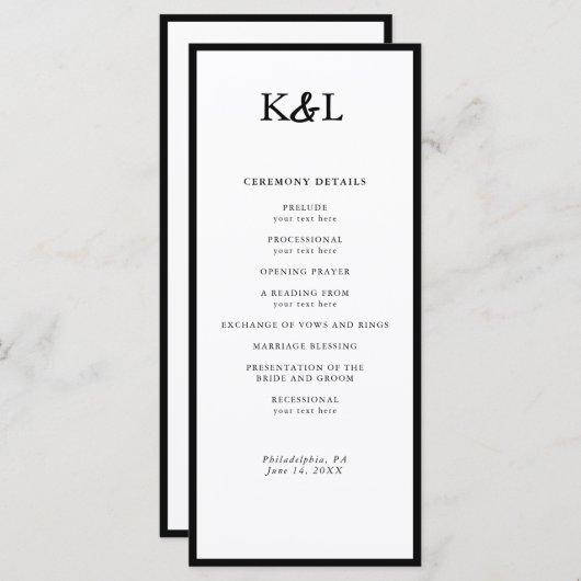 Einfaches Schwarz-Weiß-Hochzeitsprogramm für Monog Programm (Vorne/Hinten)