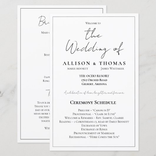 Einfaches Schwarz-Weiß-Hochzeitsprogramm für Skrip (Vorne/Hinten)