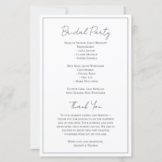 Einfaches Schwarz-Weiß-Hochzeitsprogramm für Skrip (Rückseite)