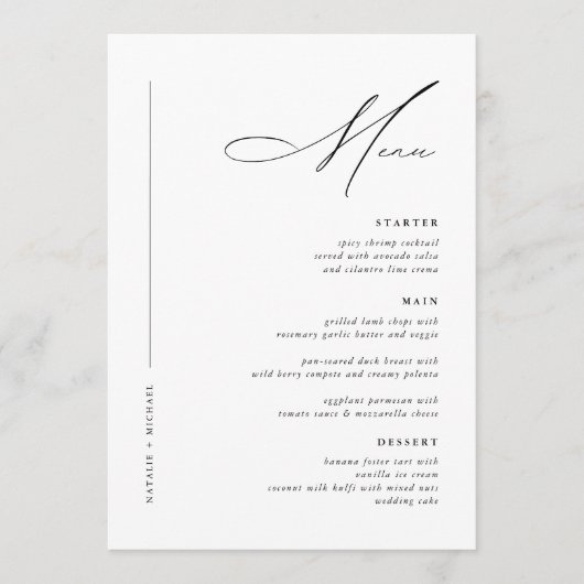 Einfaches Schwarz/Weiß-Hochzeitstisch Menükarte (Vorderseite)