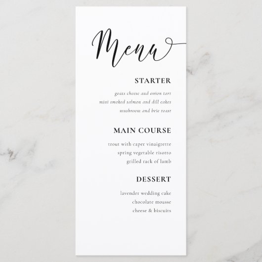 Einfaches Schwarz-Weiß-Menü für Hochzeiten Menükarte (Vorderseite)