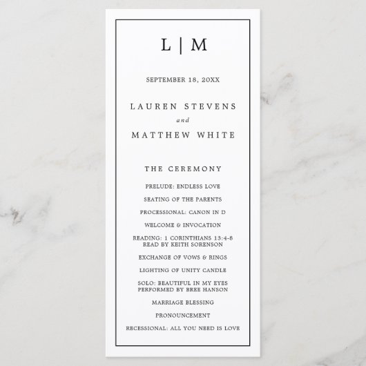 Einfaches Schwarz-Weiß-Monogramm Elegante Hochzeit Programm (Vorderseite)