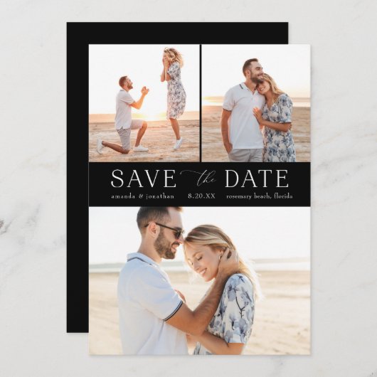 Einfaches Schwarz-Weiß-MultiFoto Save the Date Einladung (Vorne/Hinten)