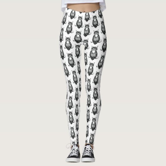 Einfaches Schwarz-Weiß-Owl-Muster Leggings (Vorderseite)