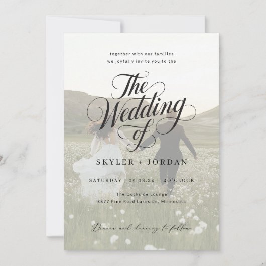 Einfaches Schwarz-Weiß-Skript-Overlay-Foto Einladung (Vorderseite)