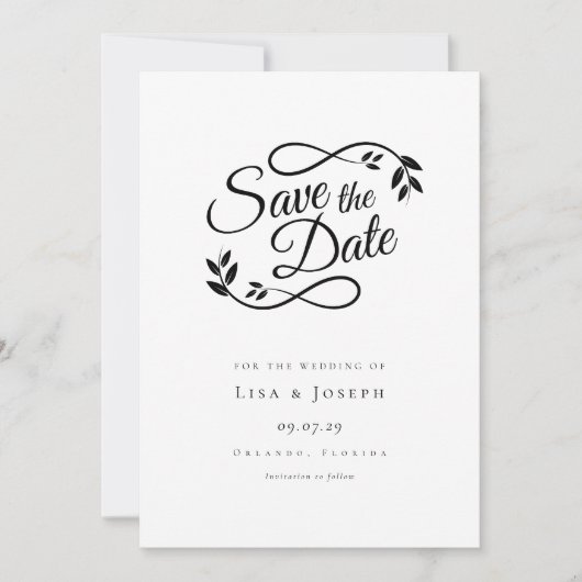 Einfaches Schwarz-Weiß-Skript Save The Date (Vorderseite)